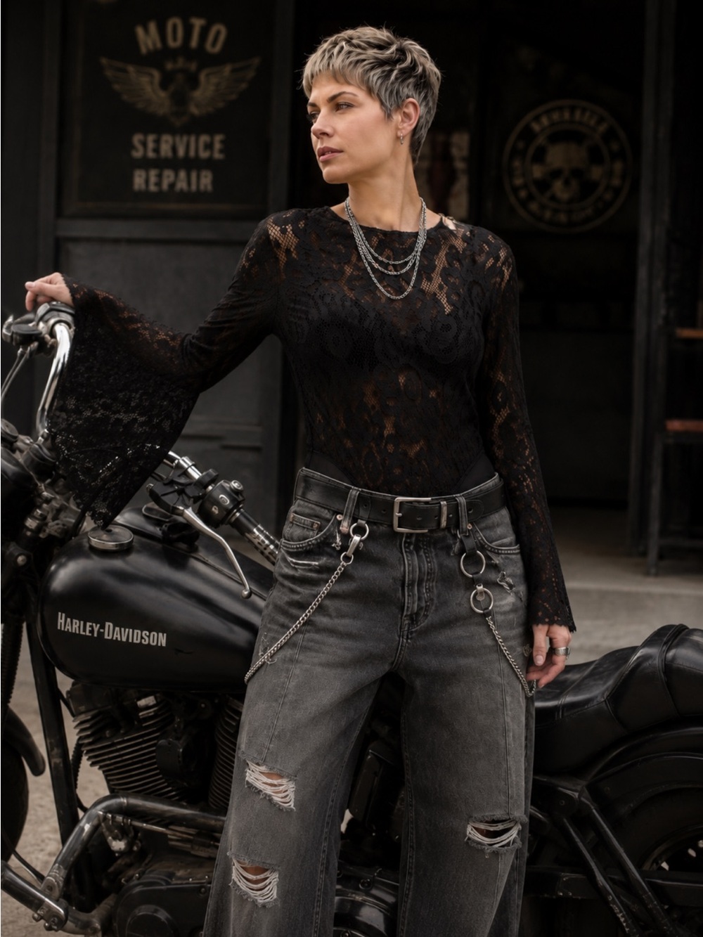 NEW Free People Black Lace Flare Sleeve Bodysuit Better With Time Medium Goth